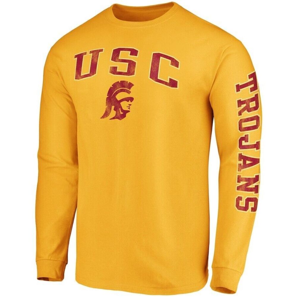Men's Fanatics Gold USC Trojans Distressed Arch Over Logo 2-Hit Long Sleeve NWT
